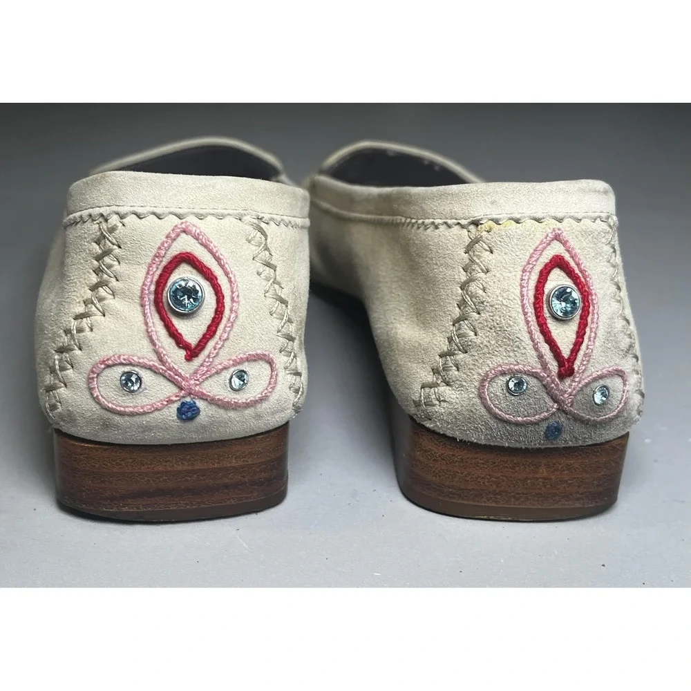 Bruno Magli Shoes Womens EU 36 Beige Suede Loafers‎ Flats Embroidered Rhinestone